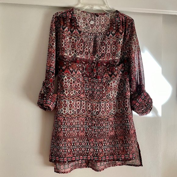 BKE Geo Print Long Tab Sleeve V-Button Down Boho Semi Sheer Peasant Blouse Top S - Picture 4 of 9